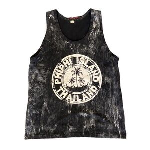 Vintage Thailand Tank Top Tie Dye Abstract Palm Tree Island‎ Black White L
